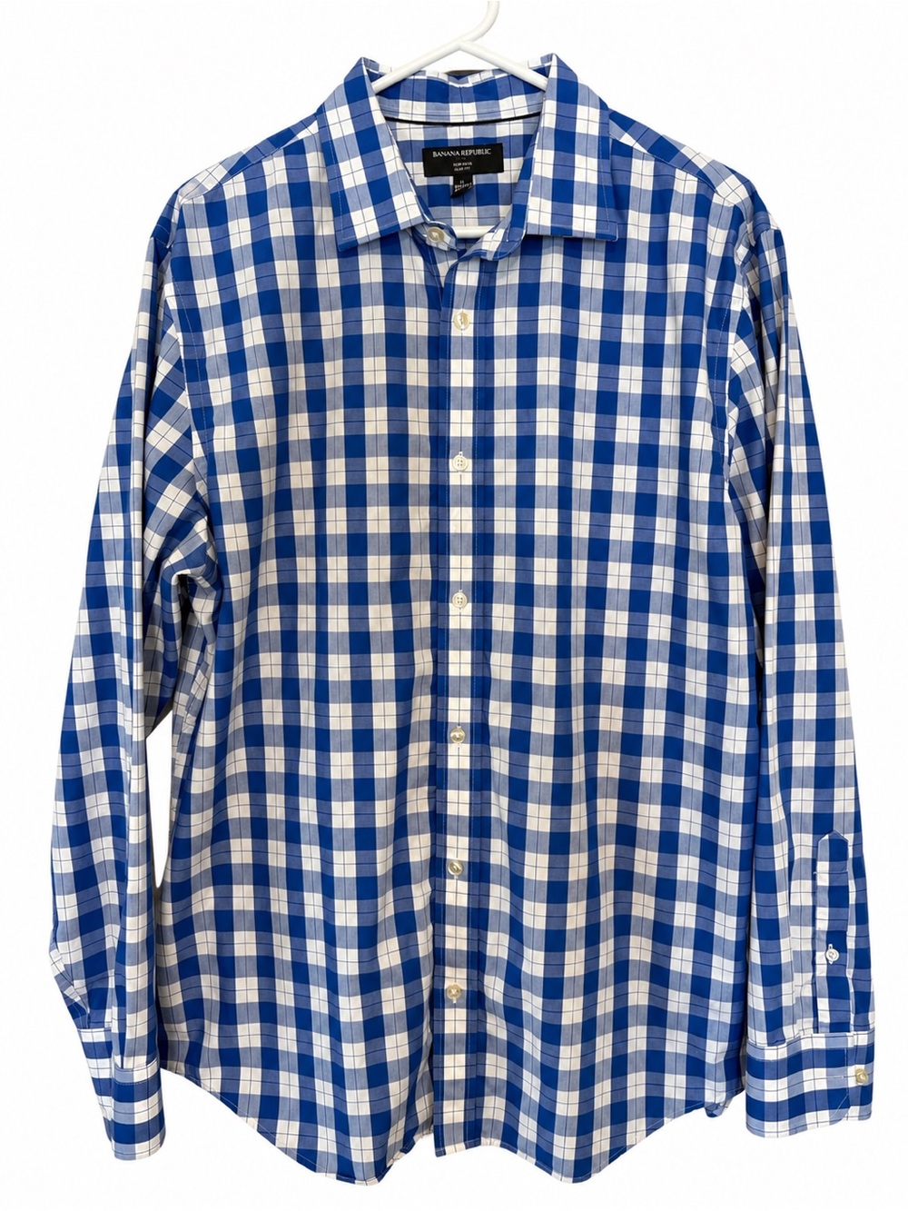 Banana Republic Non-Iron Slim Fit Plaid Cotton Shirt in Blue & White Size Large